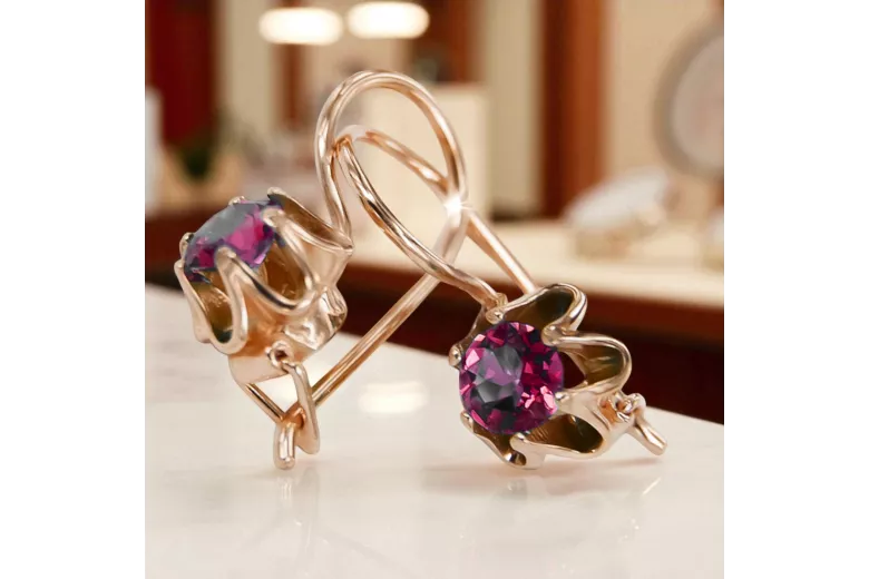 Or rose rouge 14 carats 14k 583 Ruby des boucles d'oreilles vec013 Russe Soviétique URSS Style vintage Art Deco style